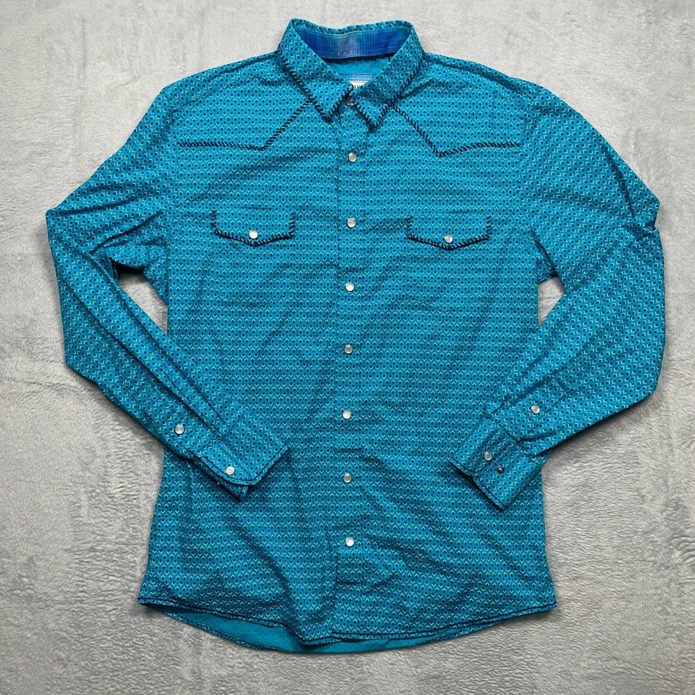Panhandle Rough Stock Western Shirt Mens L Teal Blue Diamond Pearl Snap R8S8452